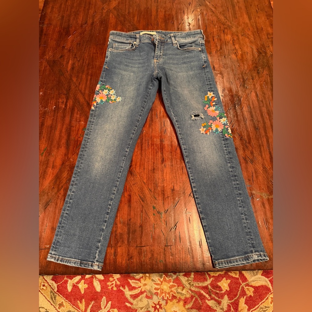 Pilcro and the Letterpress Blue Straight Leg Jeans with Floral Embroidery